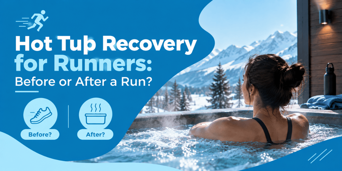 Hot tub recovery for runners, featuring a woman relaxing in an outdoor hot tub with snowy mountains in the background.
